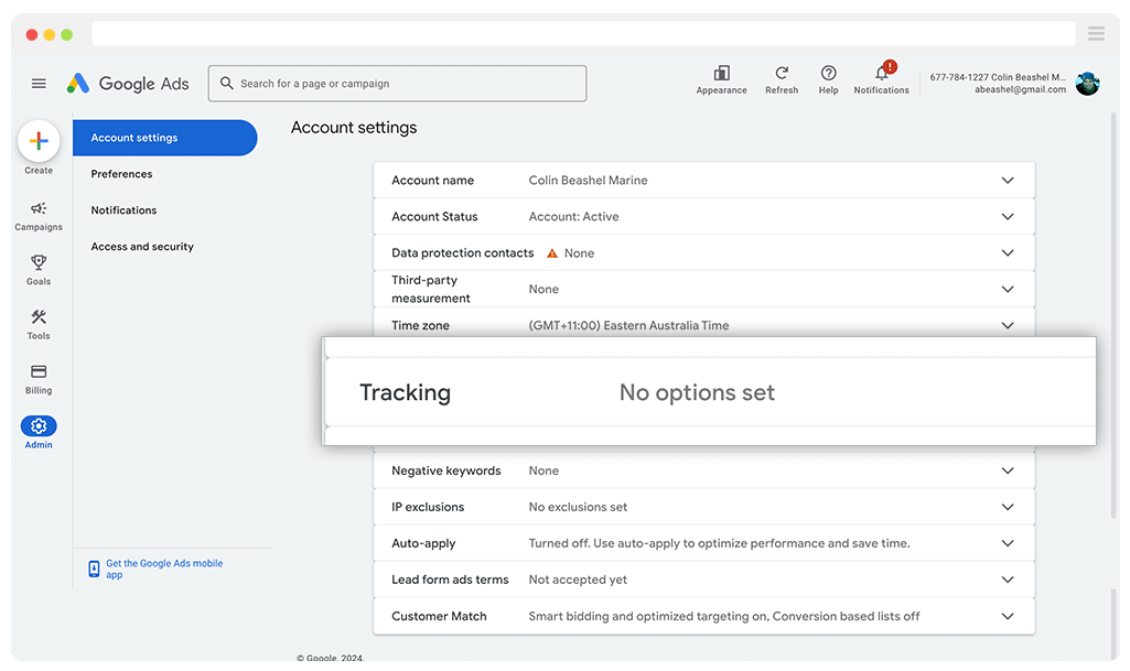Tracking Options Account Google Ads