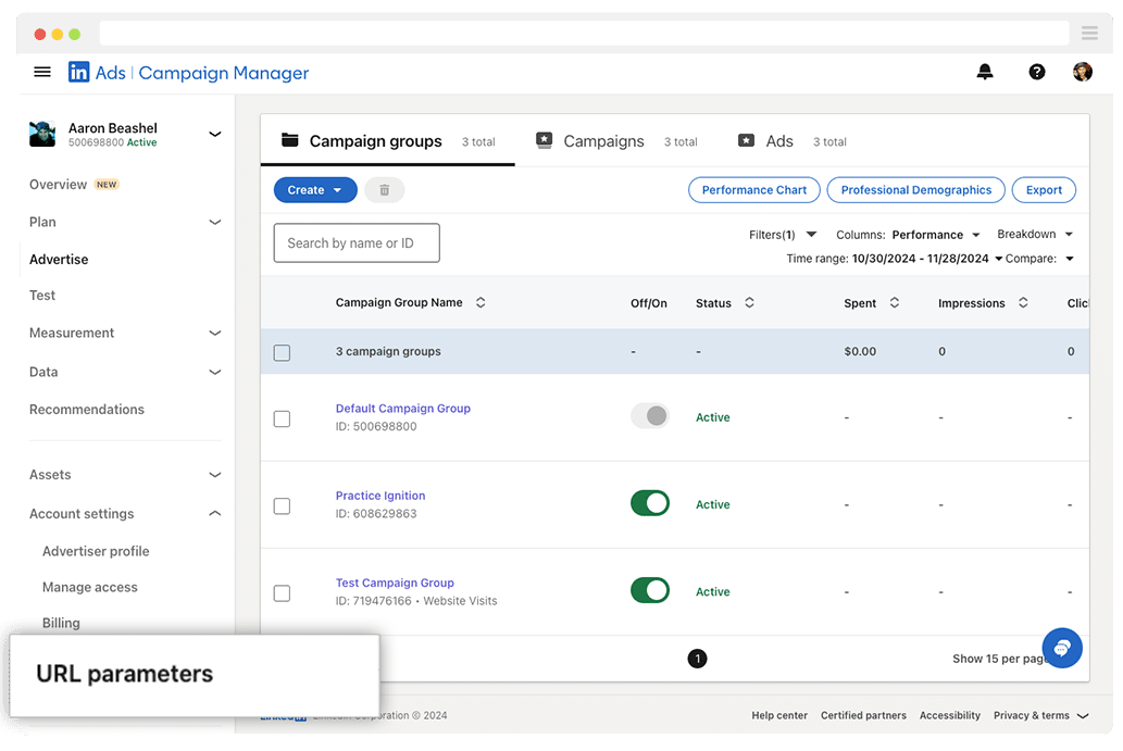 URL Parameters Settings LinkedIn