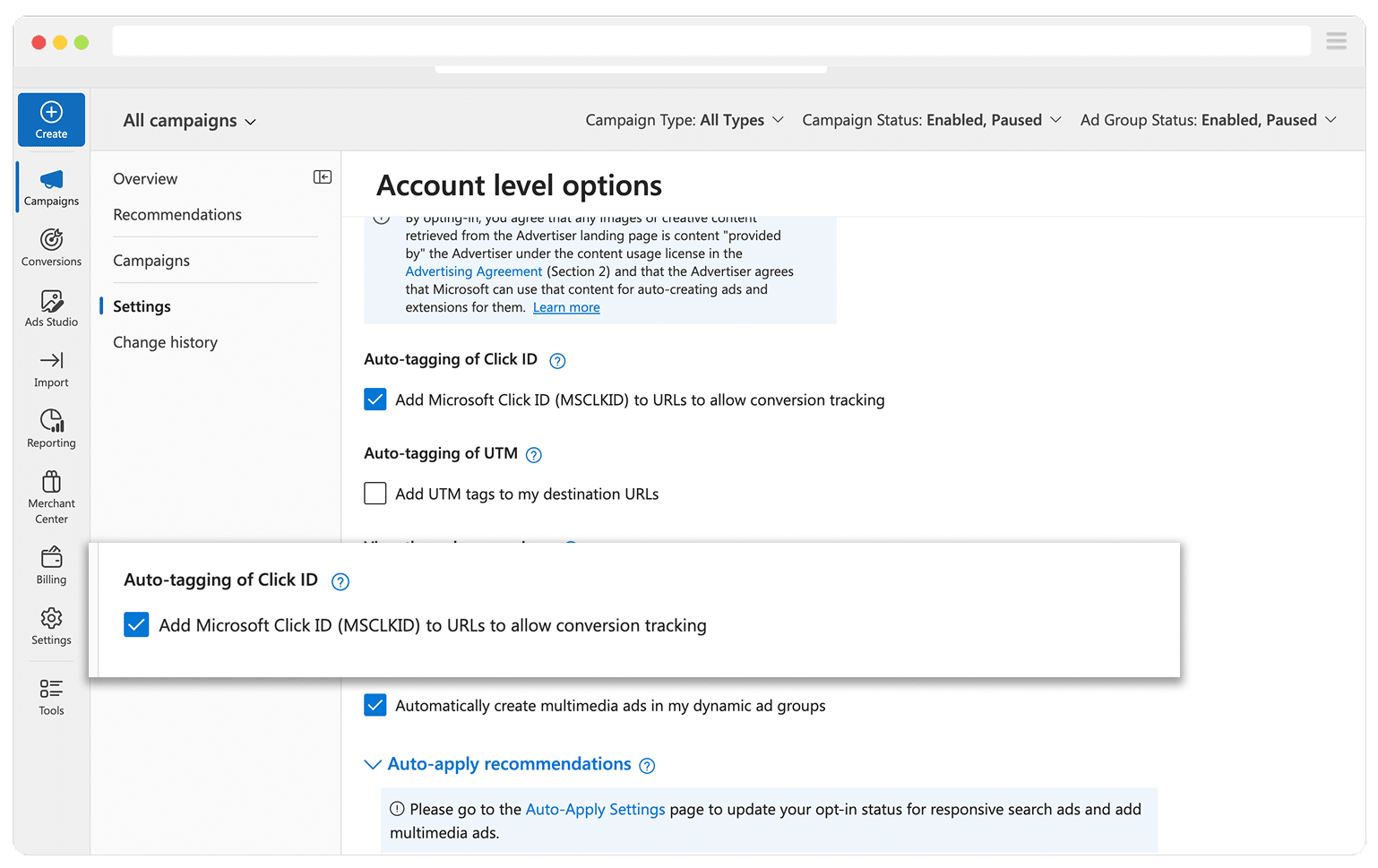 Enable Autotagging Microsoft Ads