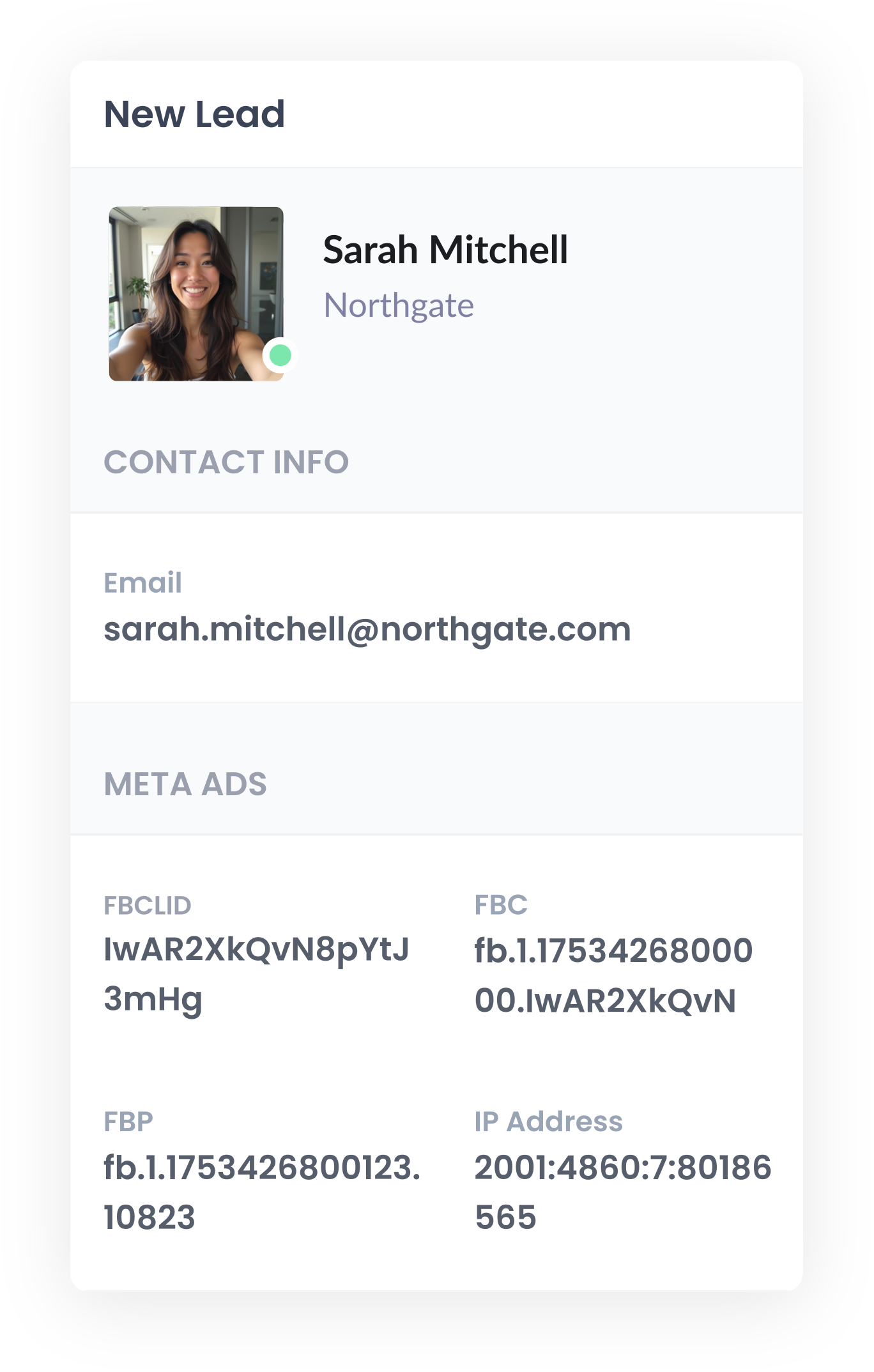 The captured lead sitting in Salesforce with the Meta identifiers