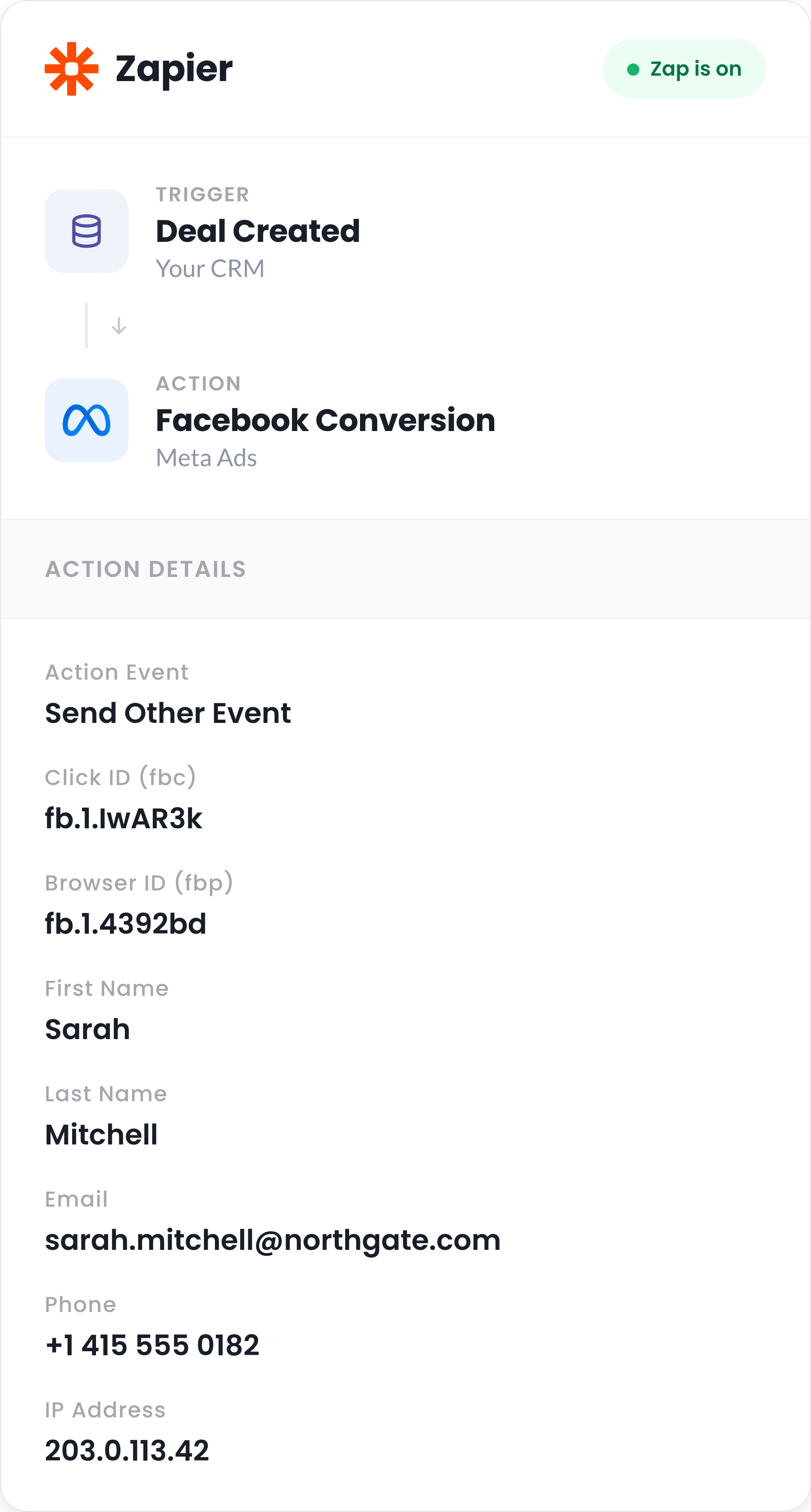 The Zapier Send Other Event action mapping the fbc and fbp fields across to Meta