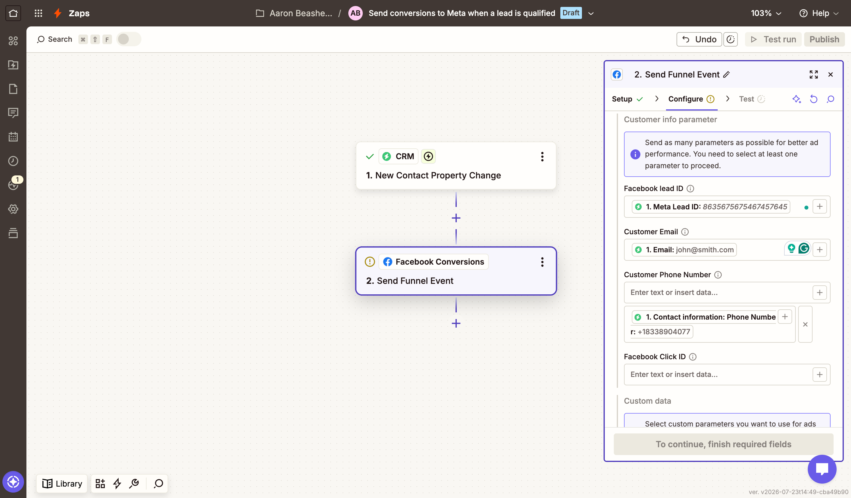 Mapping the Meta Lead ID, email and phone into the Facebook Conversions action